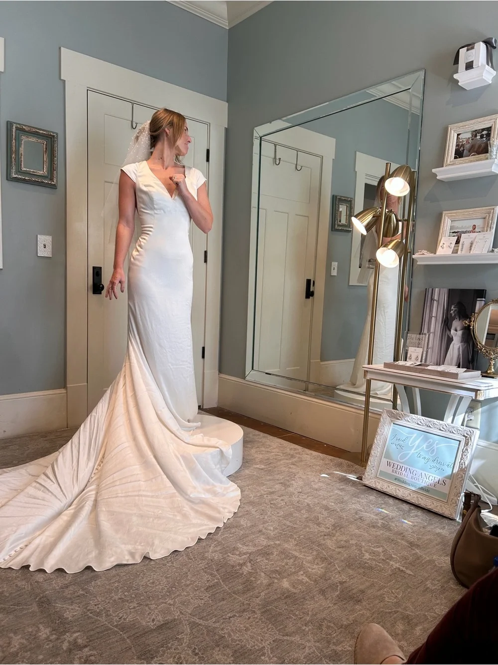 Martina Liana Ivory Satin V-Neck Bridal Gown with Long Train